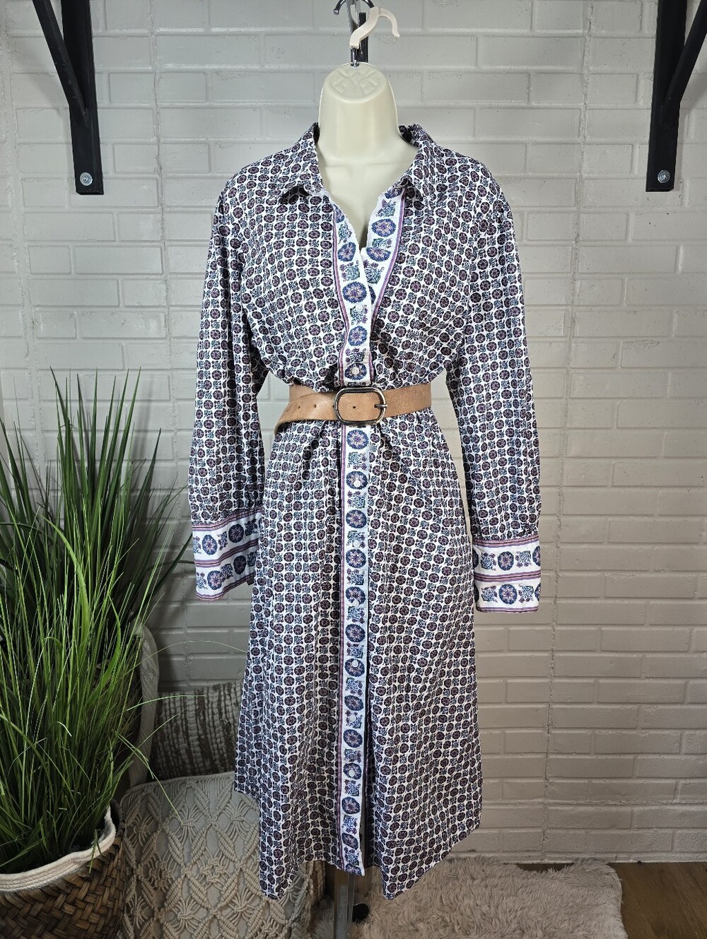 St. Johns Bay Floral Button Down Long Sleeve Midi Dress White And Purple XL